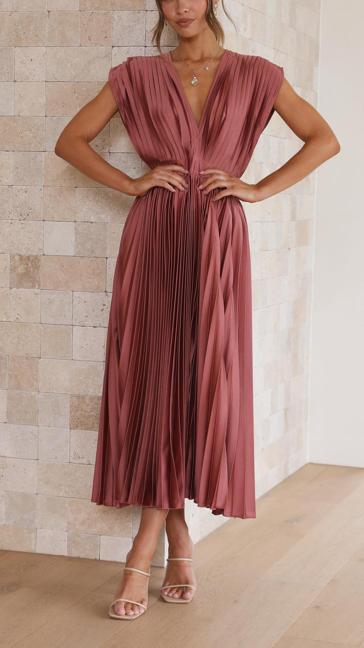 Ruby | Women's Summer Pleated V Neck Midi Dress