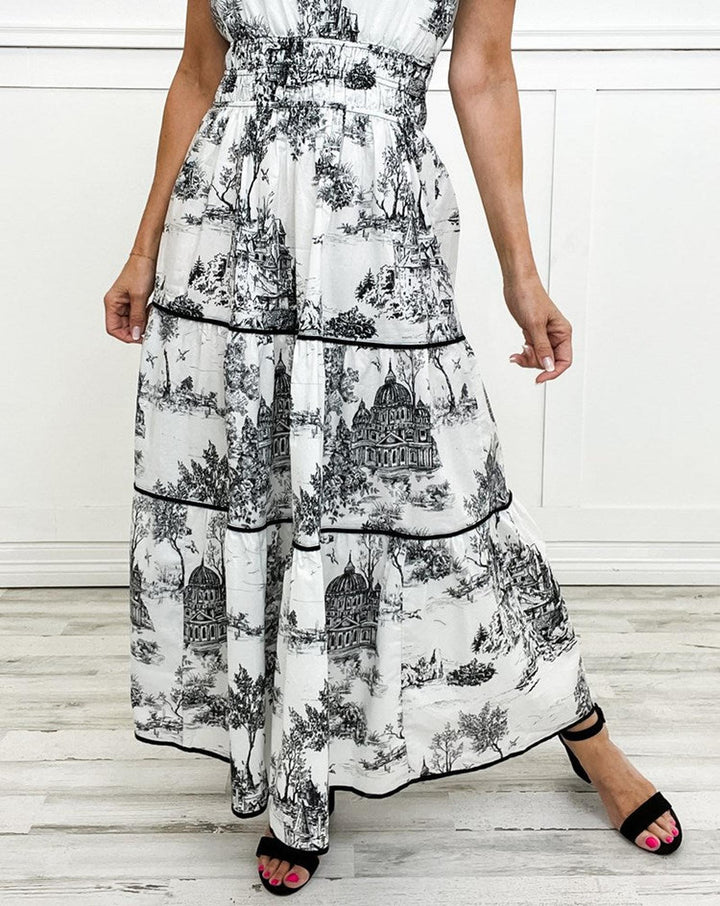 Sarah | Women's Vintage Print Tiered Midi Dress