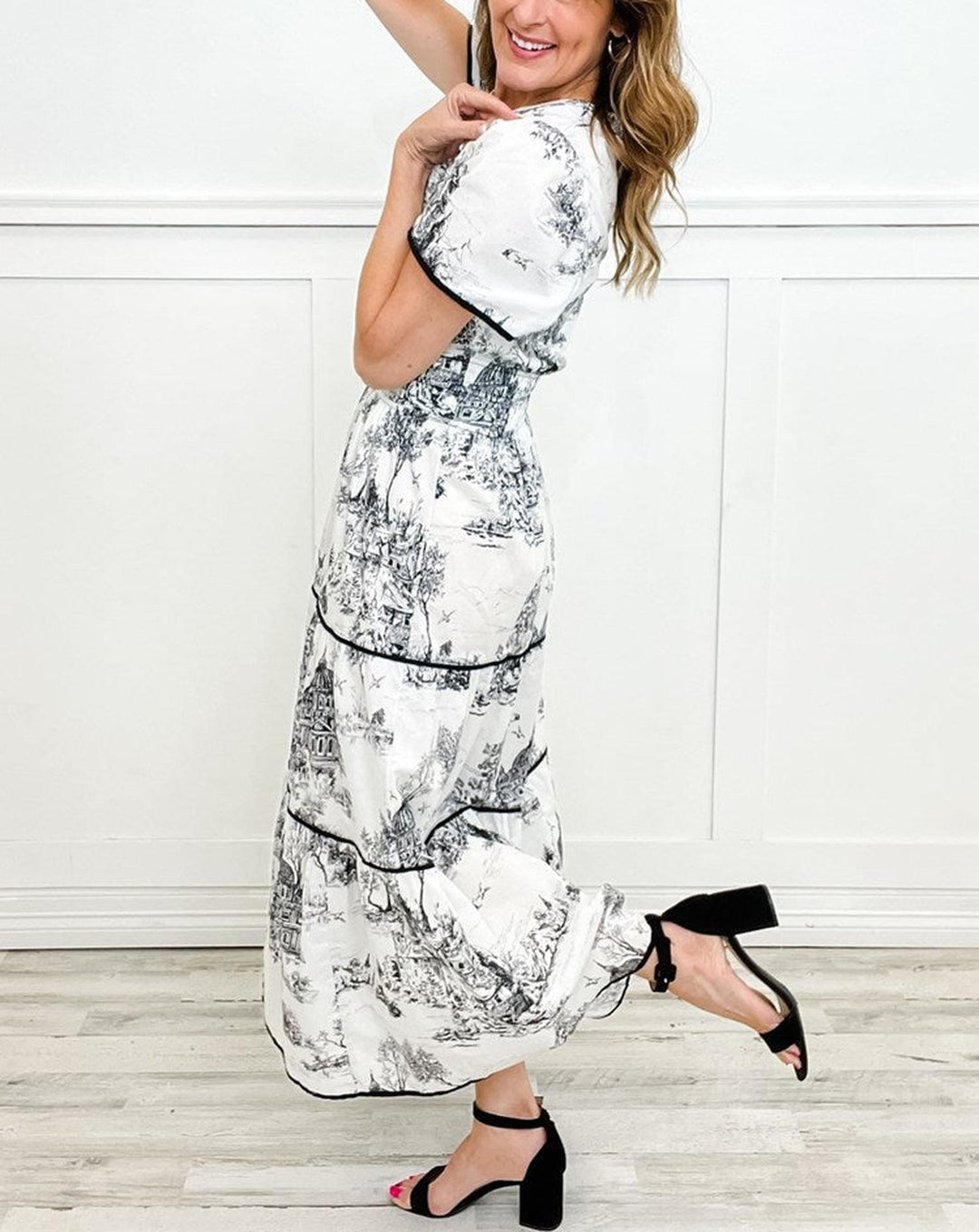 Sarah | Women's Vintage Print Tiered Midi Dress
