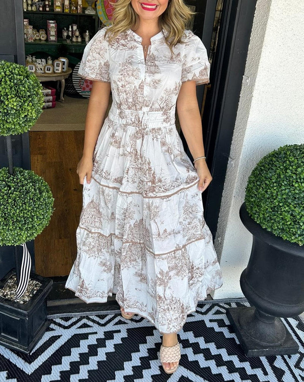 Sarah | Women's Vintage Print Tiered Midi Dress