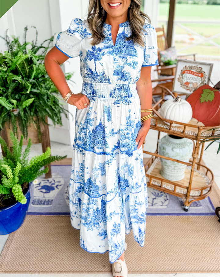 Sarah | Women's Vintage Print Tiered Midi Dress