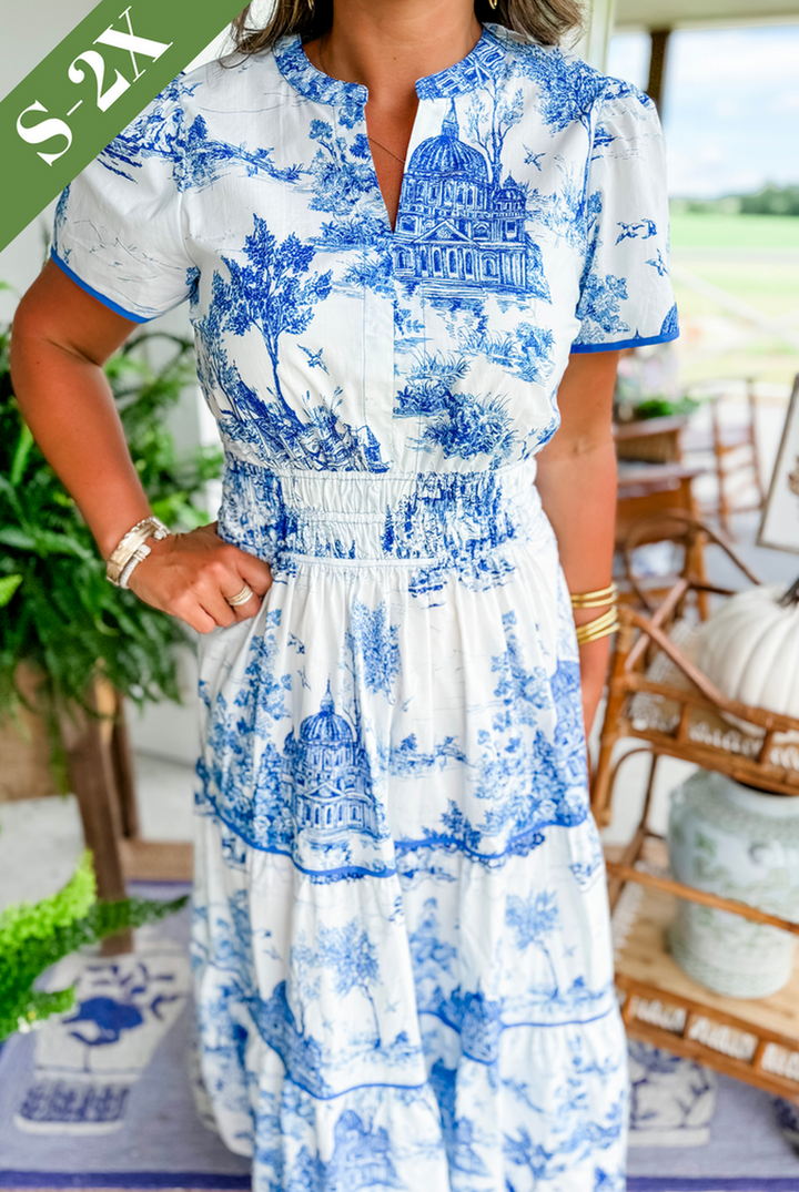 Sarah | Women's Vintage Print Tiered Midi Dress