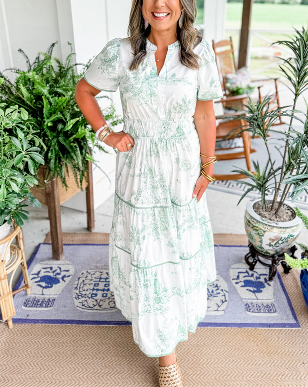 Sarah | Women's Vintage Print Tiered Midi Dress
