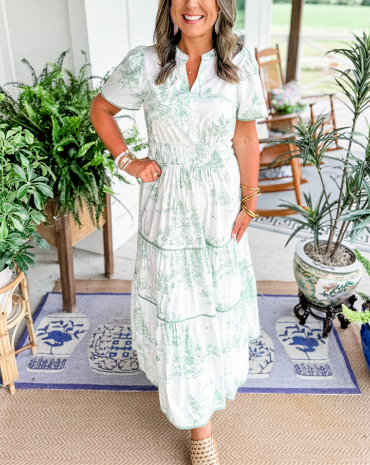 Sarah | Women's Vintage Print Tiered Midi Dress