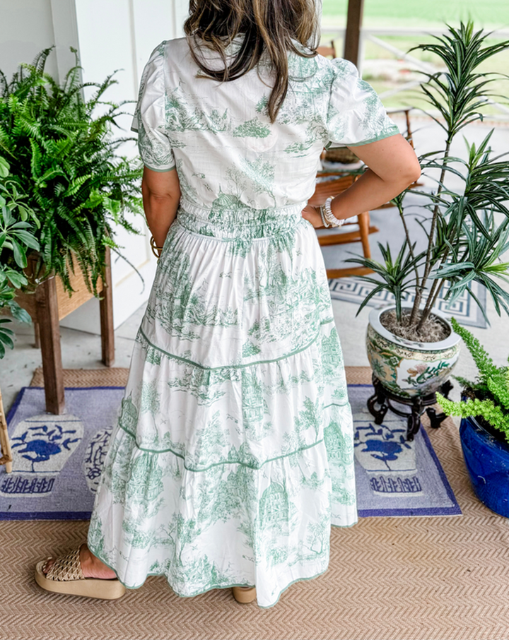 Sarah | Women's Vintage Print Tiered Midi Dress