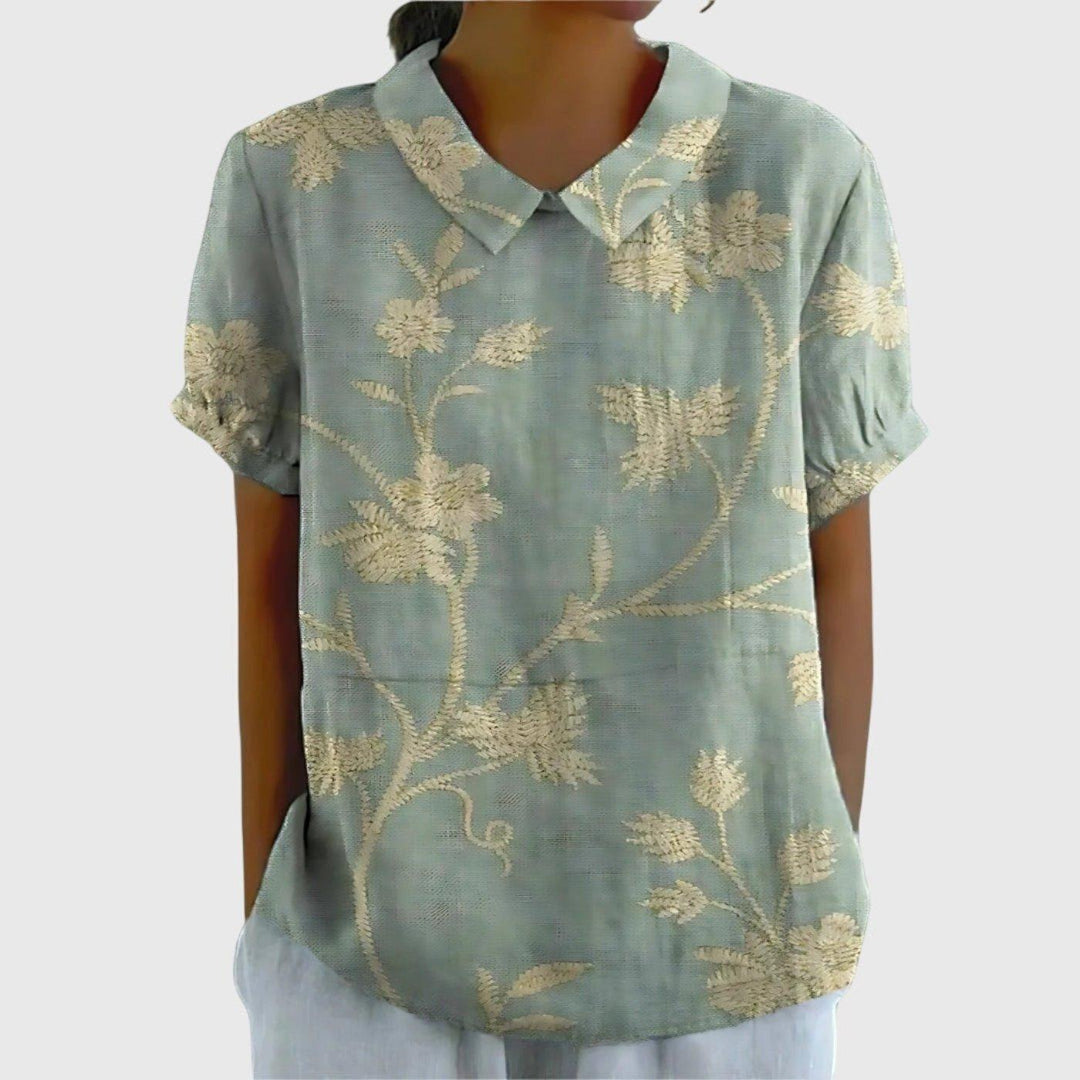 Scarlett | Women's Linen Short Sleeve Collared Blouse Floral Print