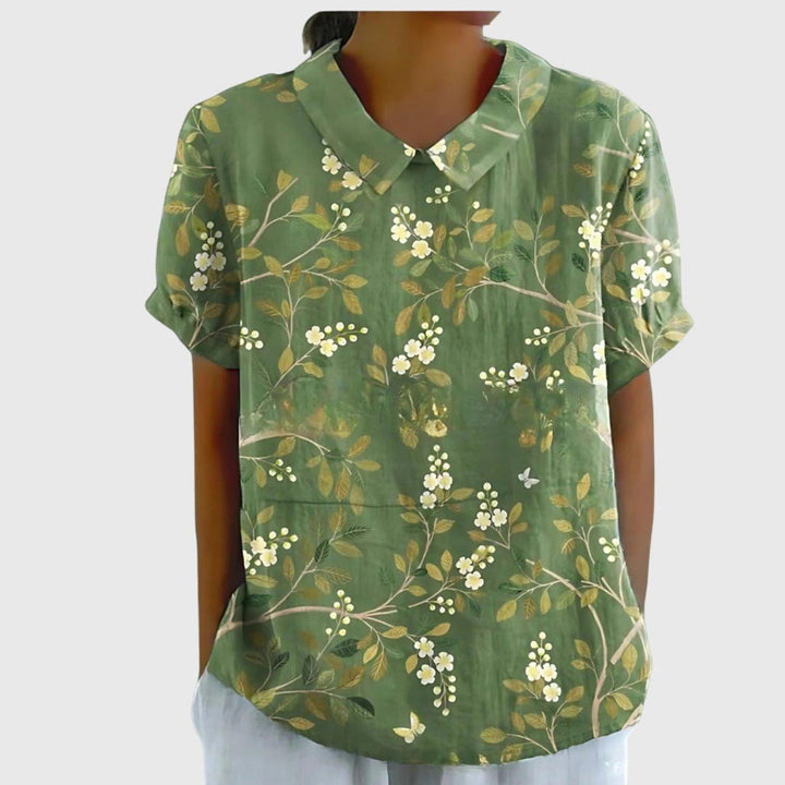 Scarlett | Women's Linen Short Sleeve Collared Blouse Floral Print