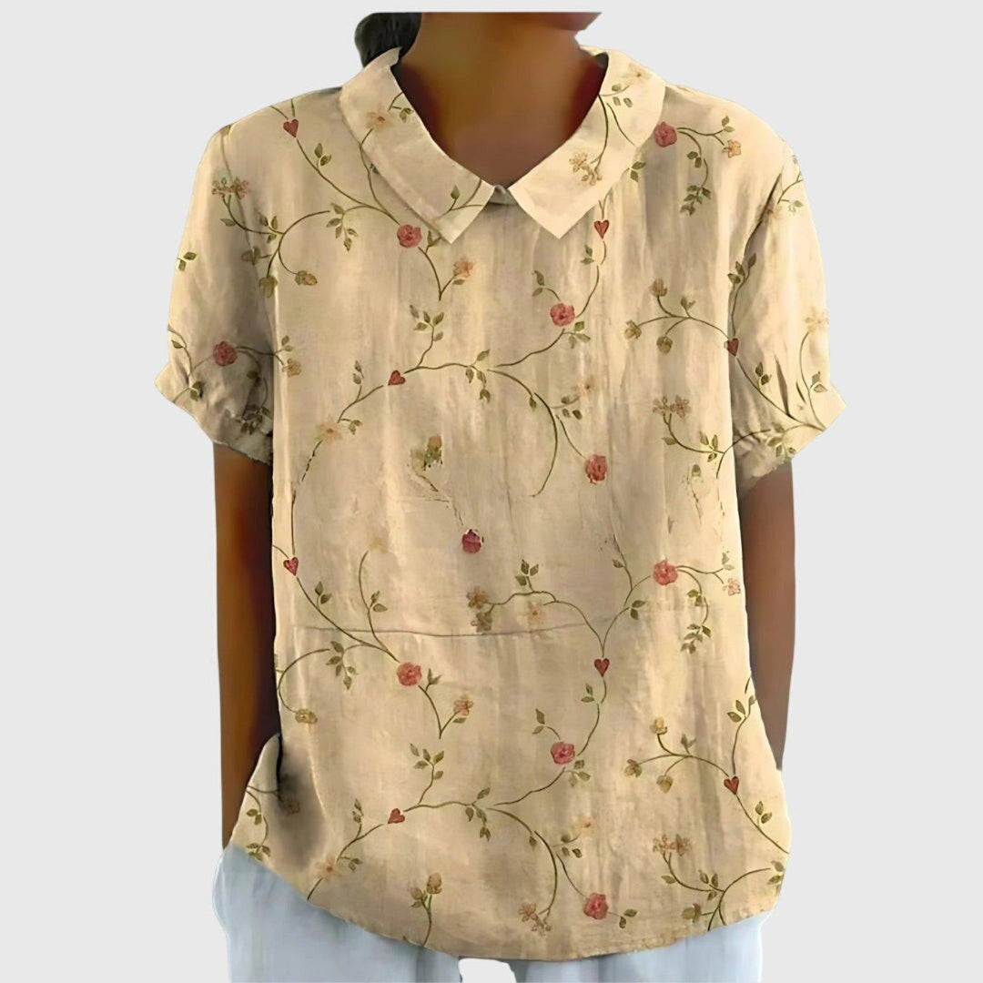 Scarlett | Women's Linen Short Sleeve Collared Blouse Floral Print