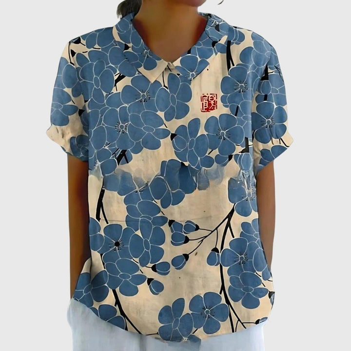 Scarlett | Women's Linen Short Sleeve Collared Blouse Floral Print