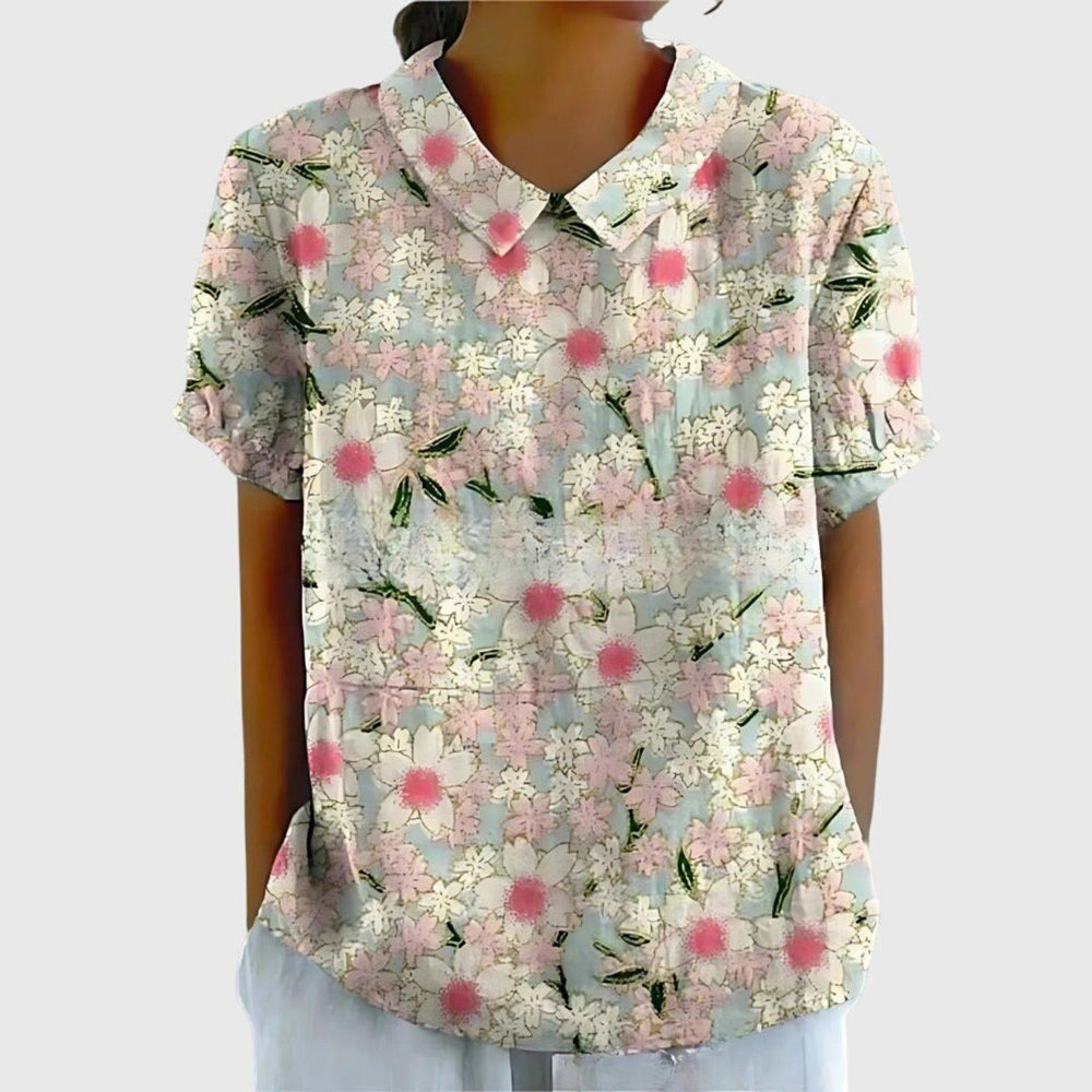 Scarlett | Women's Linen Short Sleeve Collared Blouse Floral Print
