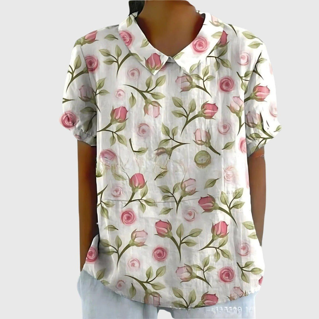 Scarlett | Women's Linen Short Sleeve Collared Blouse Floral Print