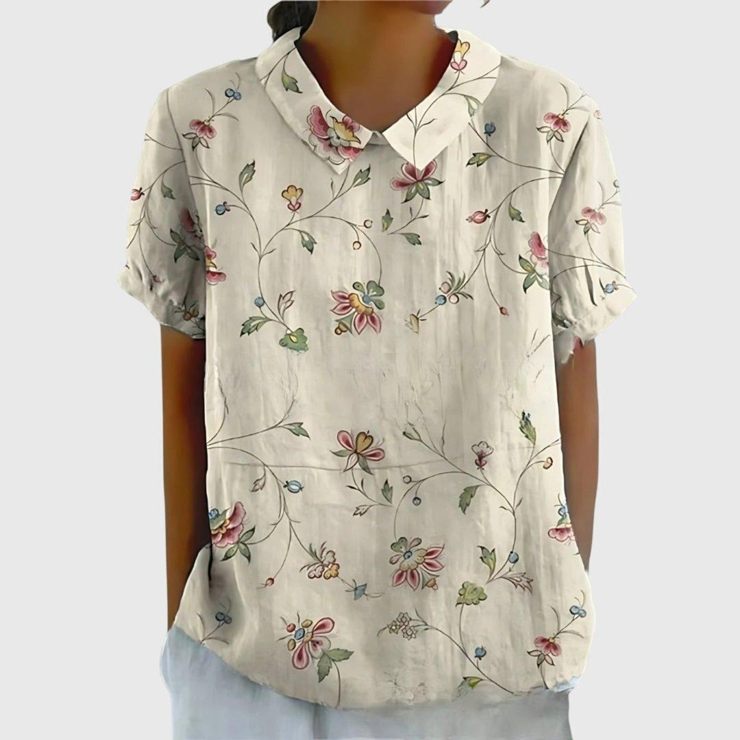 Scarlett | Women's Linen Short Sleeve Collared Blouse Floral Print