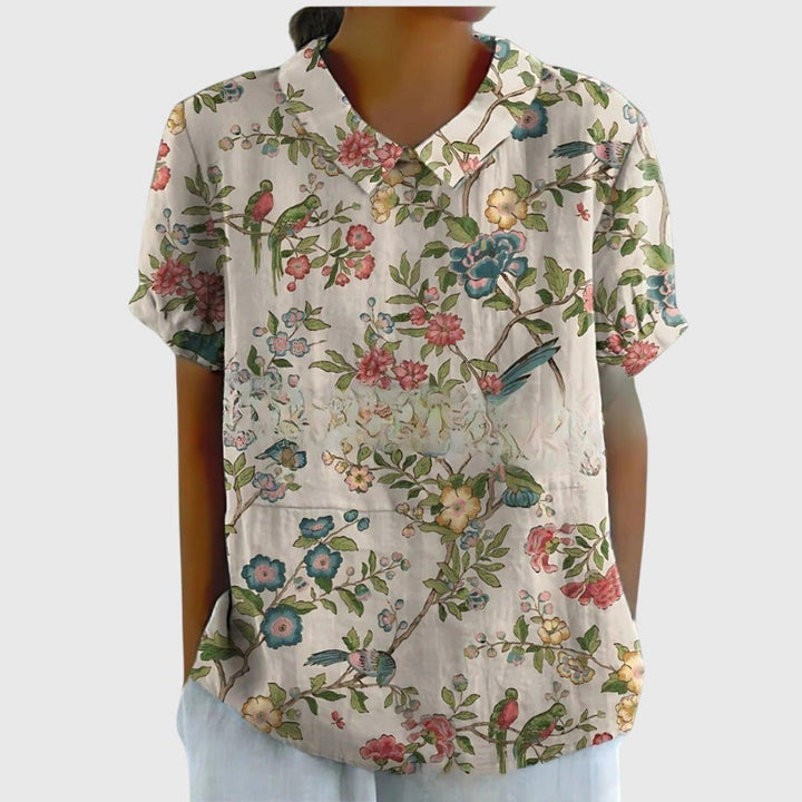 Scarlett | Women's Linen Short Sleeve Collared Blouse Floral Print