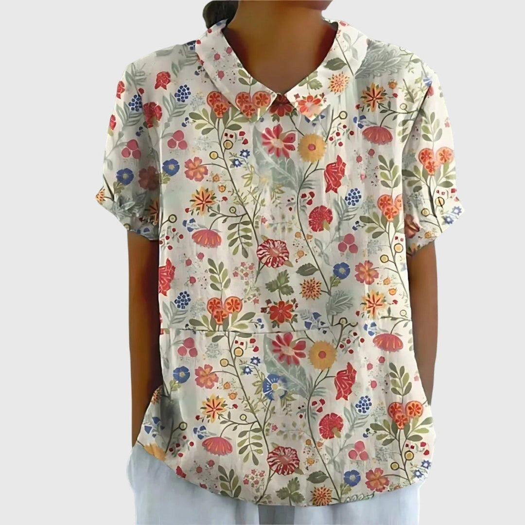 Scarlett | Women's Linen Short Sleeve Collared Blouse Floral Print
