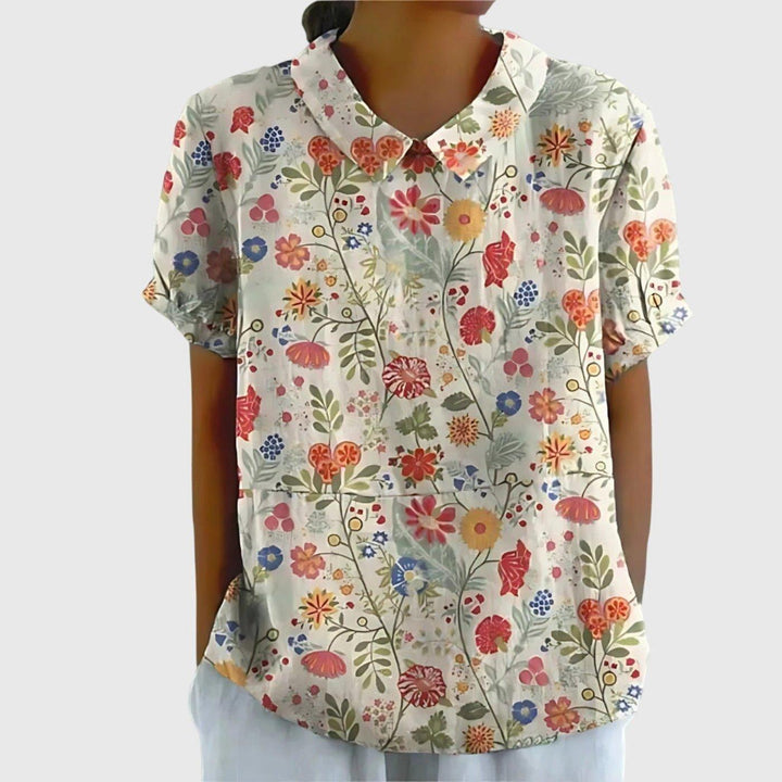 Scarlett | Women's Linen Short Sleeve Collared Blouse Floral Print
