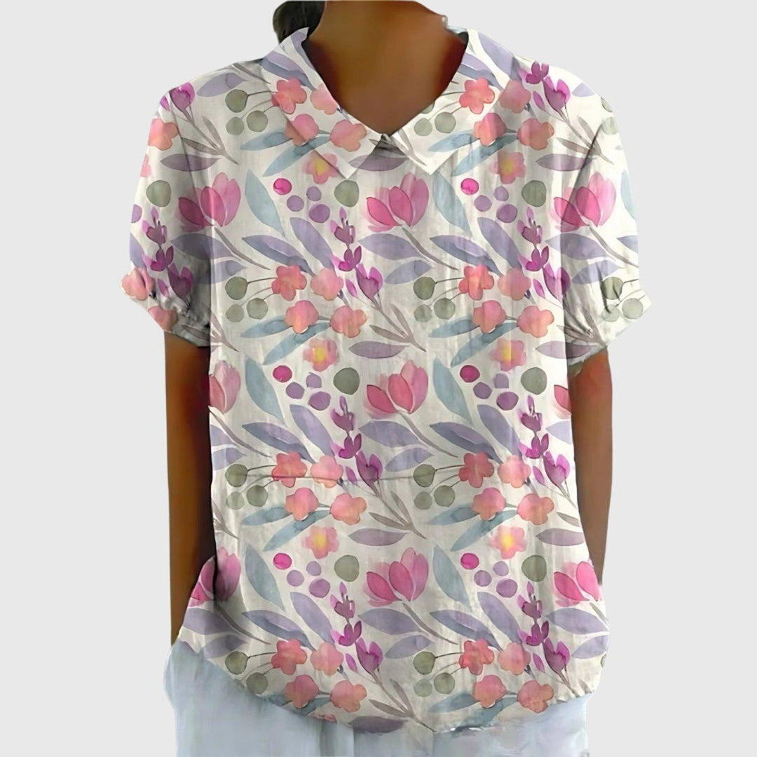 Scarlett | Women's Linen Short Sleeve Collared Blouse Floral Print