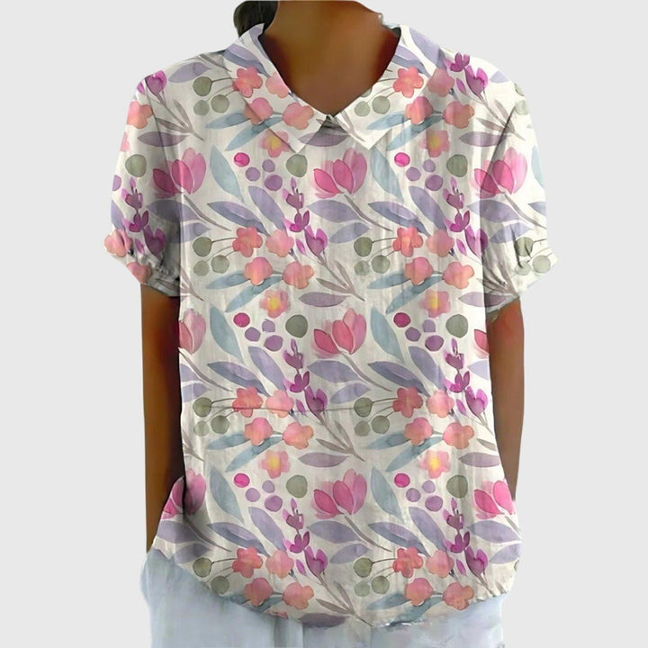 Scarlett | Women's Linen Short Sleeve Collared Blouse Floral Print