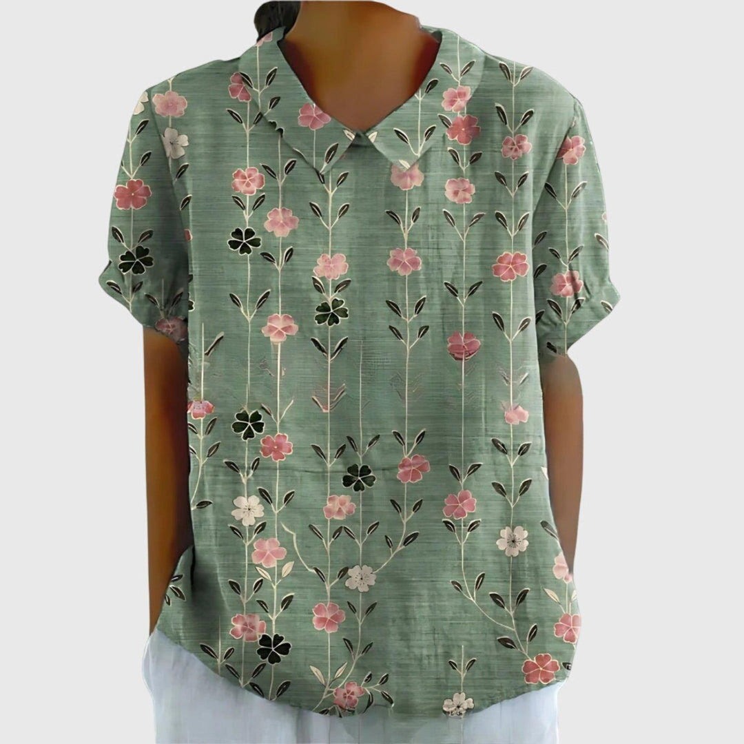 Scarlett | Women's Linen Short Sleeve Collared Blouse Floral Print