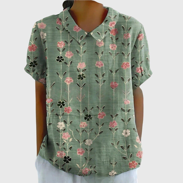 Scarlett | Women's Linen Short Sleeve Collared Blouse Floral Print