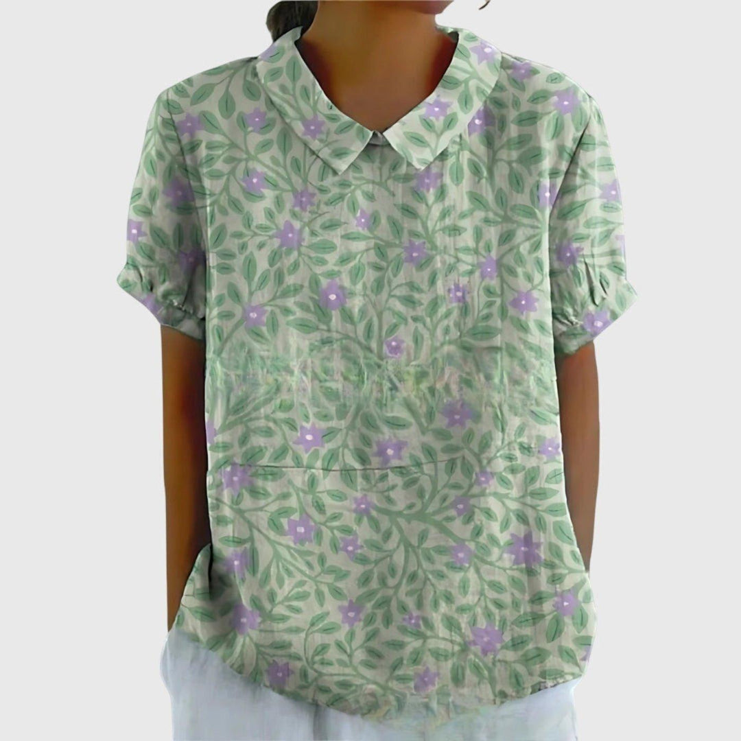 Scarlett | Women's Linen Short Sleeve Collared Blouse Floral Print