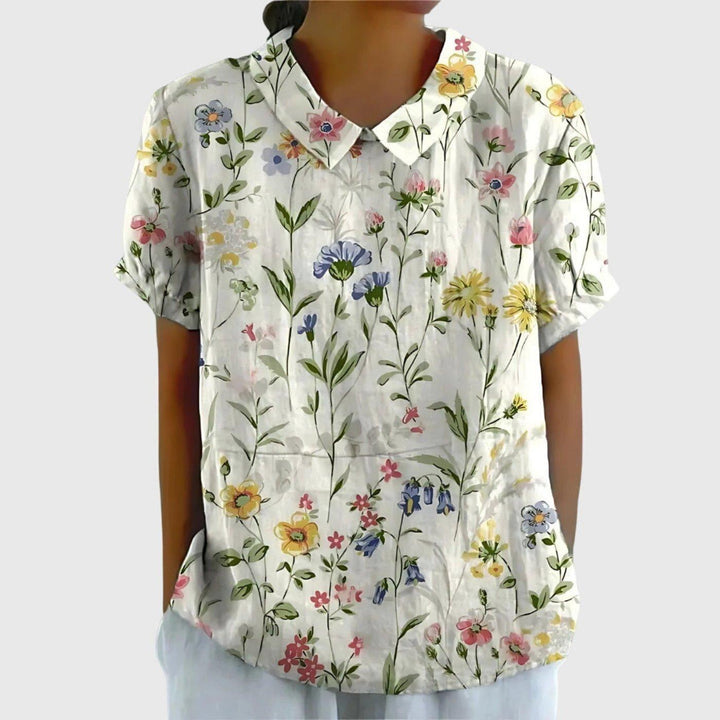 Scarlett | Women's Linen Short Sleeve Collared Blouse Floral Print