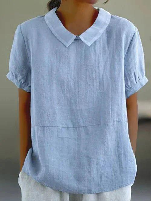 Sophia | Women's Linen Blouse Peter Pan Collar Puff Sleeve Relaxed
