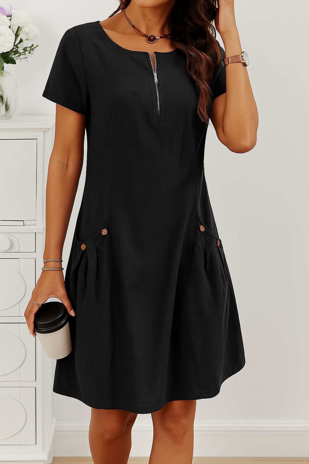 Stella | Women's Casual Zip Neck Pocket Mini Dress