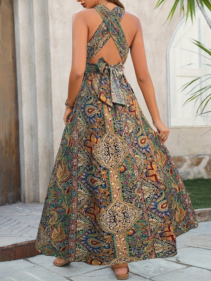 Victoria | Halter Maxi Dress Boho Cross Neck Side Slit Paisley