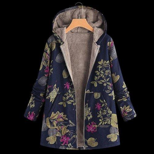 Victoria | Plus Size Floral Hooded Coat Winter Fleece Lined Pockets