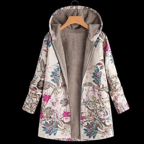 Victoria | Plus Size Floral Hooded Coat Winter Fleece Lined Pockets