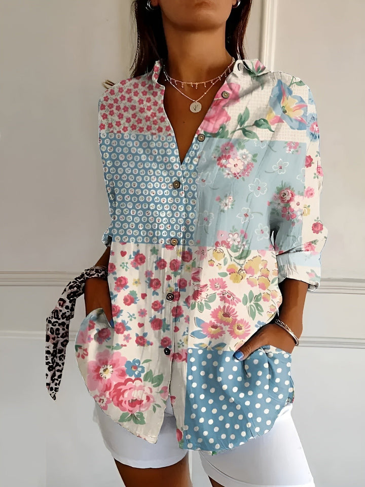 Victoria | Women's Button-Down Blouse V-Neck Floral Print Long Sleeve