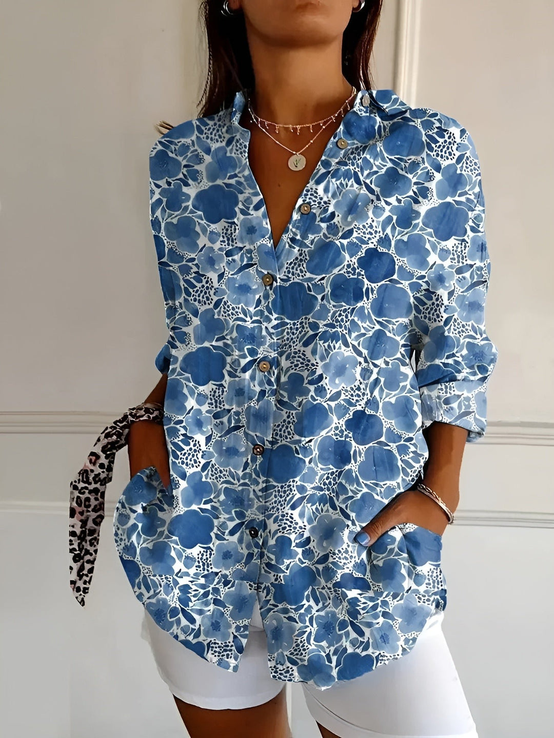 Victoria | Women's Button-Down Blouse V-Neck Floral Print Long Sleeve