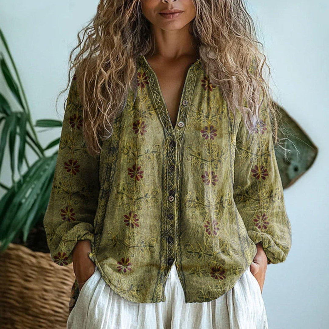Victoria | Women's Linen Button Down Blouse Long Sleeve Embroidered