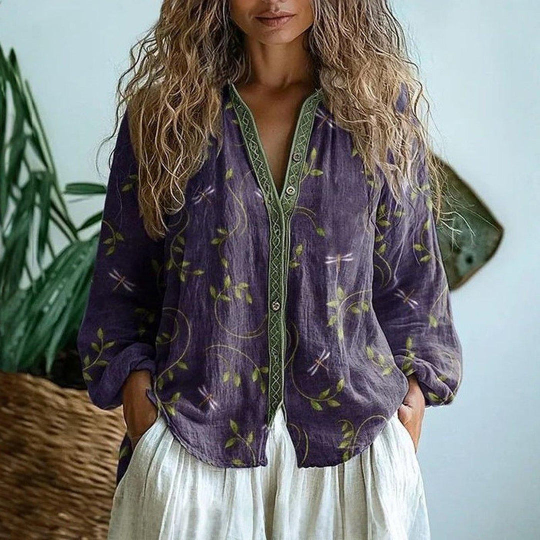 Victoria | Women's Linen Button Down Blouse Long Sleeve Embroidered