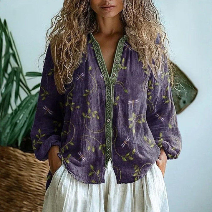 Victoria | Women's Linen Button Down Blouse Long Sleeve Embroidered