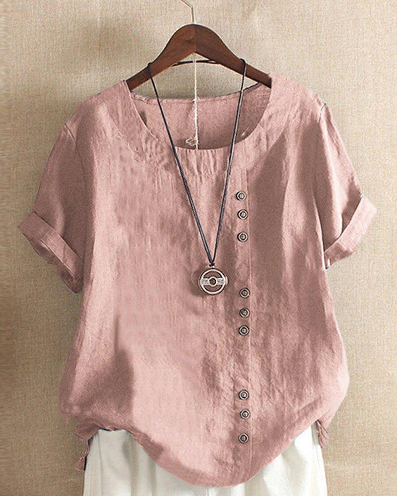 Victoria | Women's Linen Tunic Top Button Front Short Sleeve