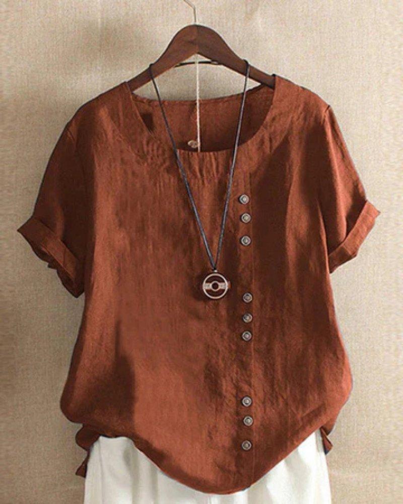 Victoria | Women's Linen Tunic Top Button Front Short Sleeve