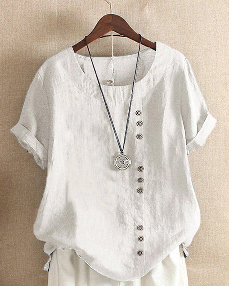 Victoria | Women's Linen Tunic Top Button Front Short Sleeve
