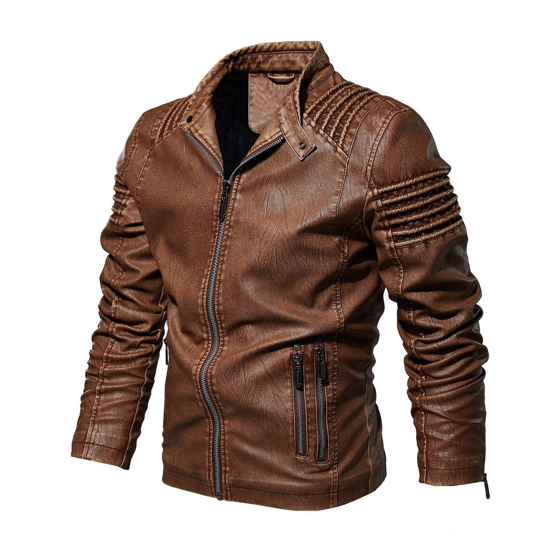 Men's Faux Leather Moto Jacket Structured Shoulder Zip-Up