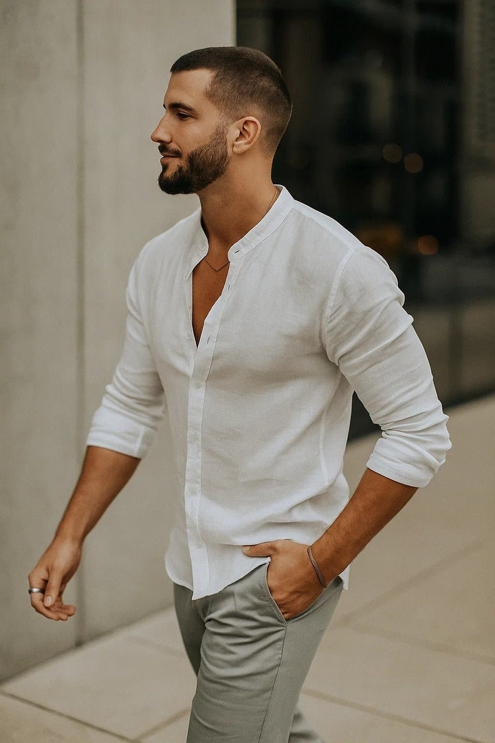 Men's Regular-Fit Band-Collar Linen Button-Front Shirt