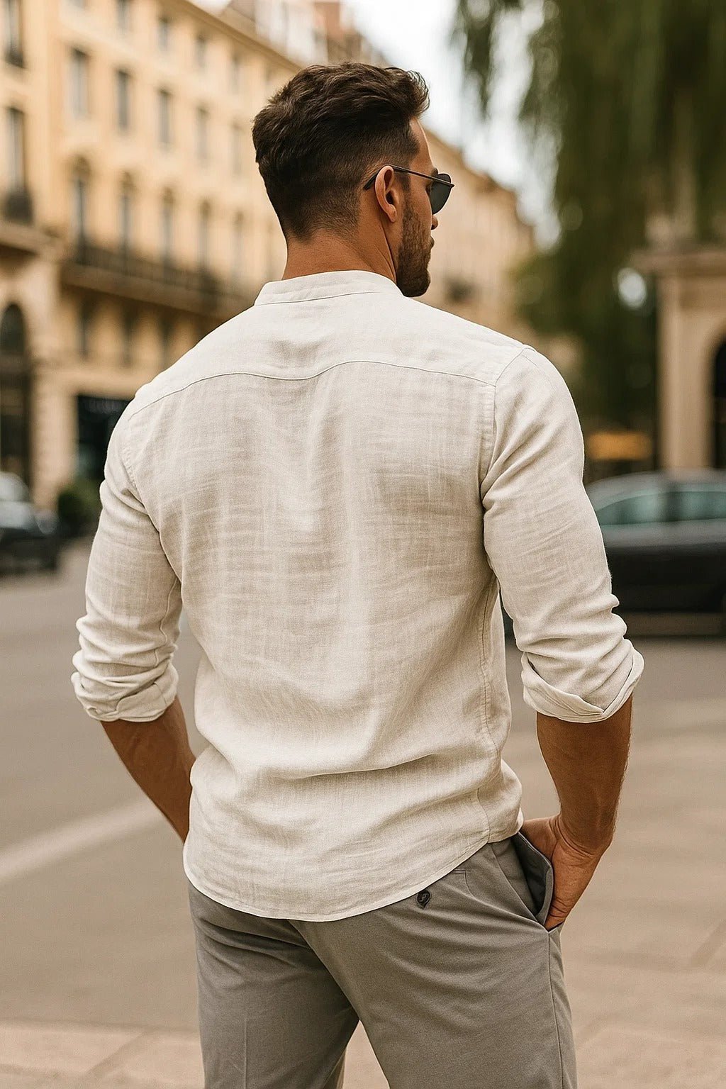 Men's Regular-Fit Band-Collar Linen Button-Front Shirt