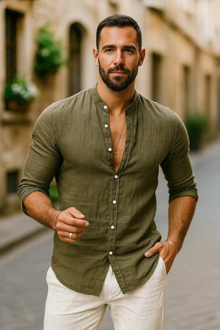 Men's Regular-Fit Band-Collar Linen Button-Front Shirt - Army Green
