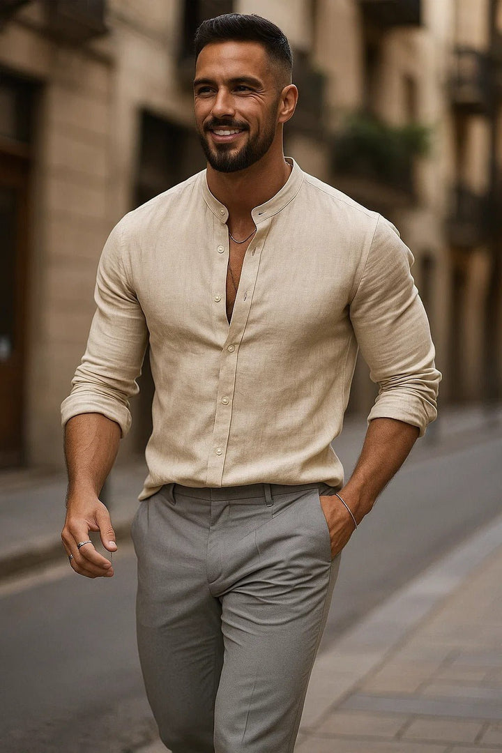 Men's Regular-Fit Band-Collar Linen Button-Front Shirt - Beige