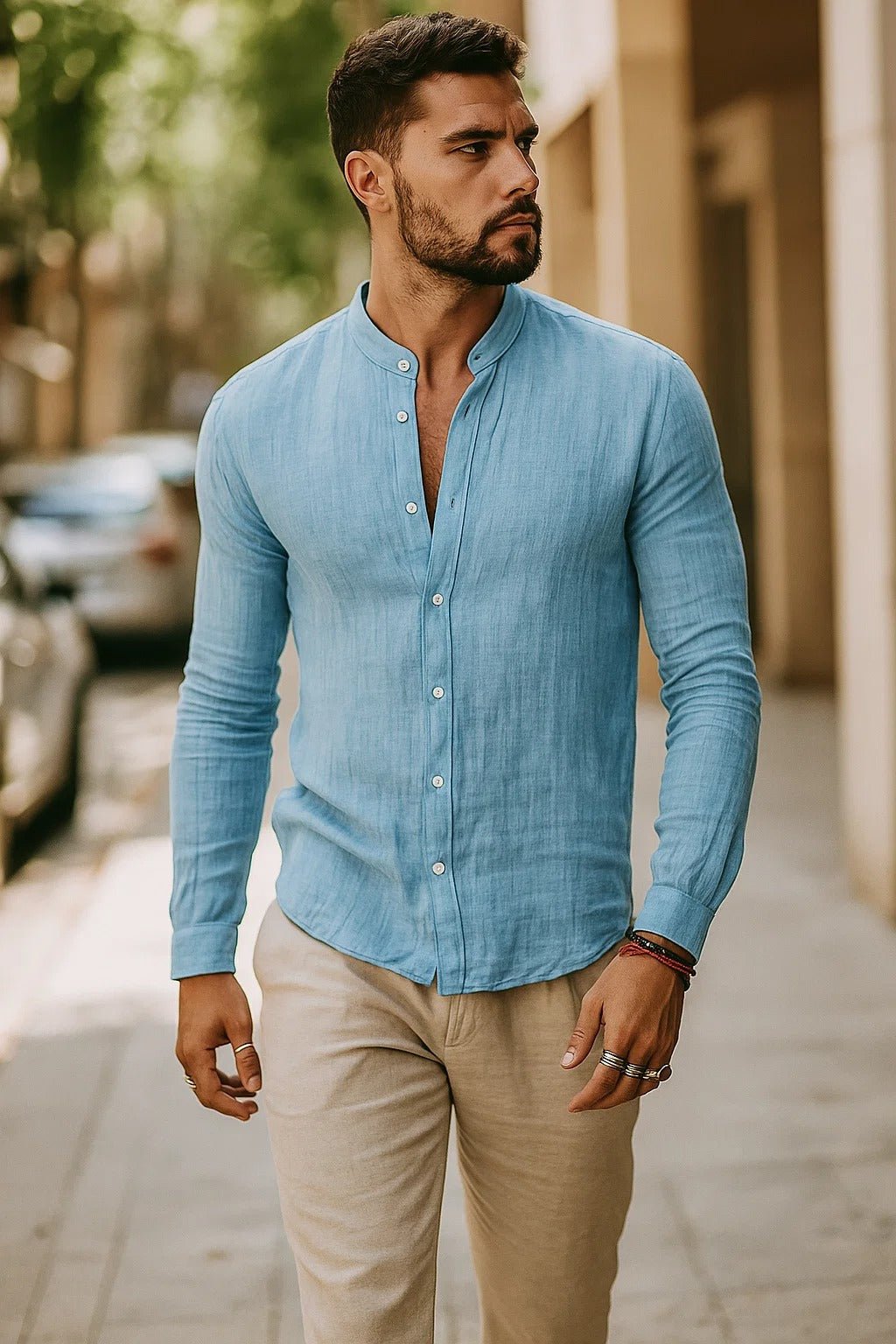 Men's Regular-Fit Band-Collar Linen Button-Front Shirt - Light Blue