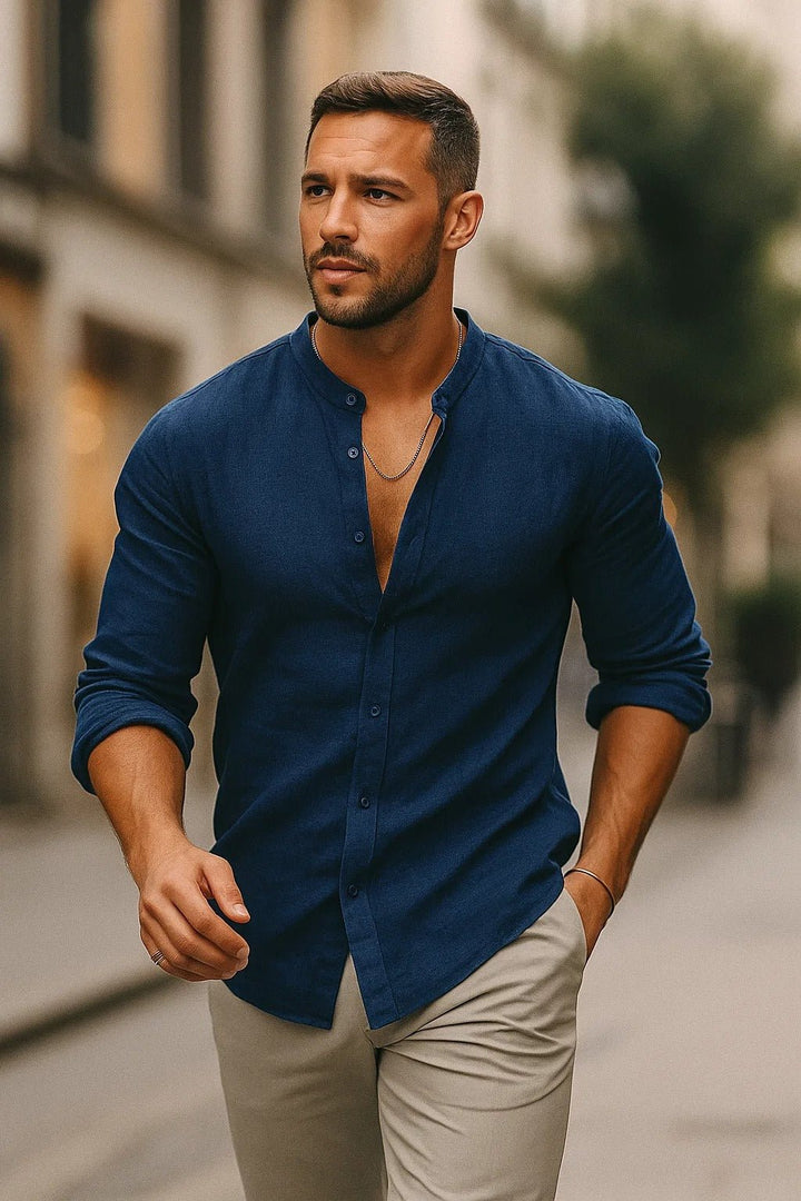 Men's Regular-Fit Band-Collar Linen Button-Front Shirt - Blue