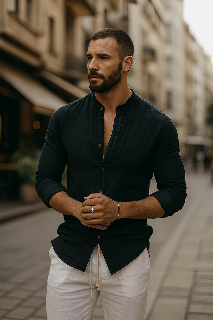 Men's Regular-Fit Band-Collar Linen Button-Front Shirt - Black
