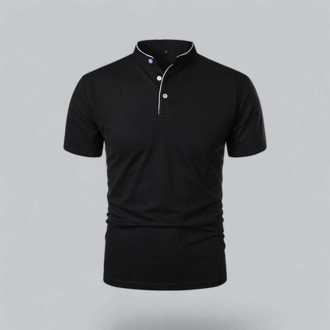 Men's Regular-Fit Short-Sleeve Mandarin Collar Cotton Polo Shirt - Black