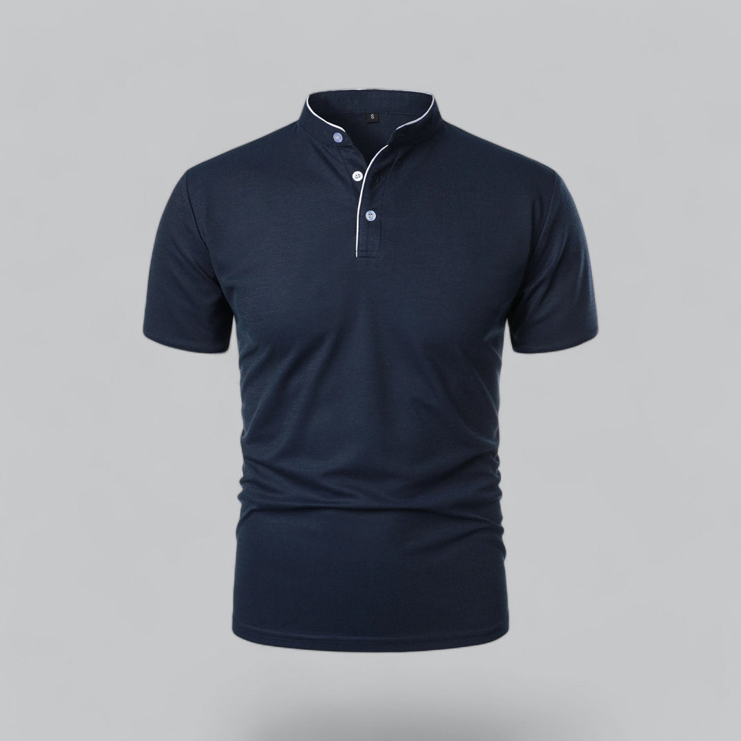 Men's Regular-Fit Short-Sleeve Mandarin Collar Cotton Polo Shirt - Navy Blue