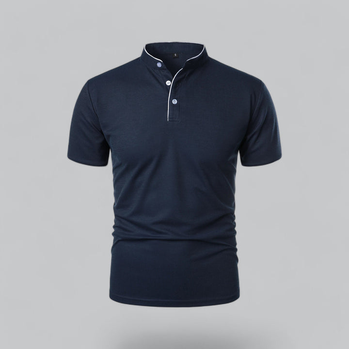 Men's Regular-Fit Short-Sleeve Mandarin Collar Cotton Polo Shirt - Navy Blue