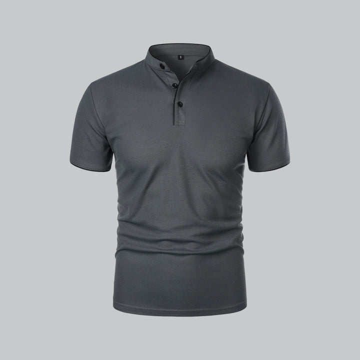 Men's Regular-Fit Short-Sleeve Mandarin Collar Cotton Polo Shirt - Dark Grey